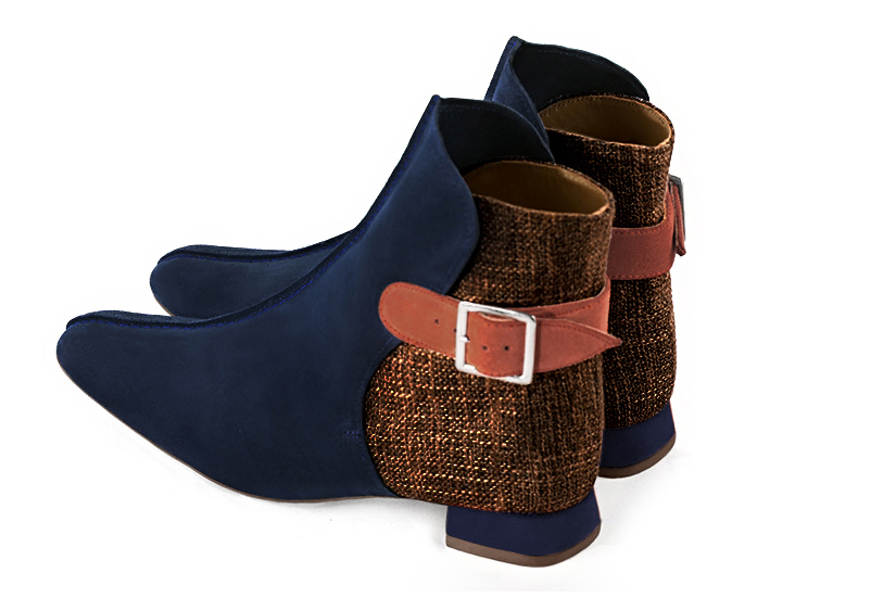 Midnight blue and terracotta orange women's ankle boots with buckles at the back. Square toe. Flat flare heels. Rear view - Florence KOOIJMAN